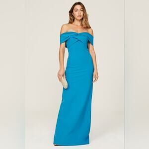 Rtr Sachin & Babi Bacall Gown sz14 eggshell blue off shoulder long dress solid